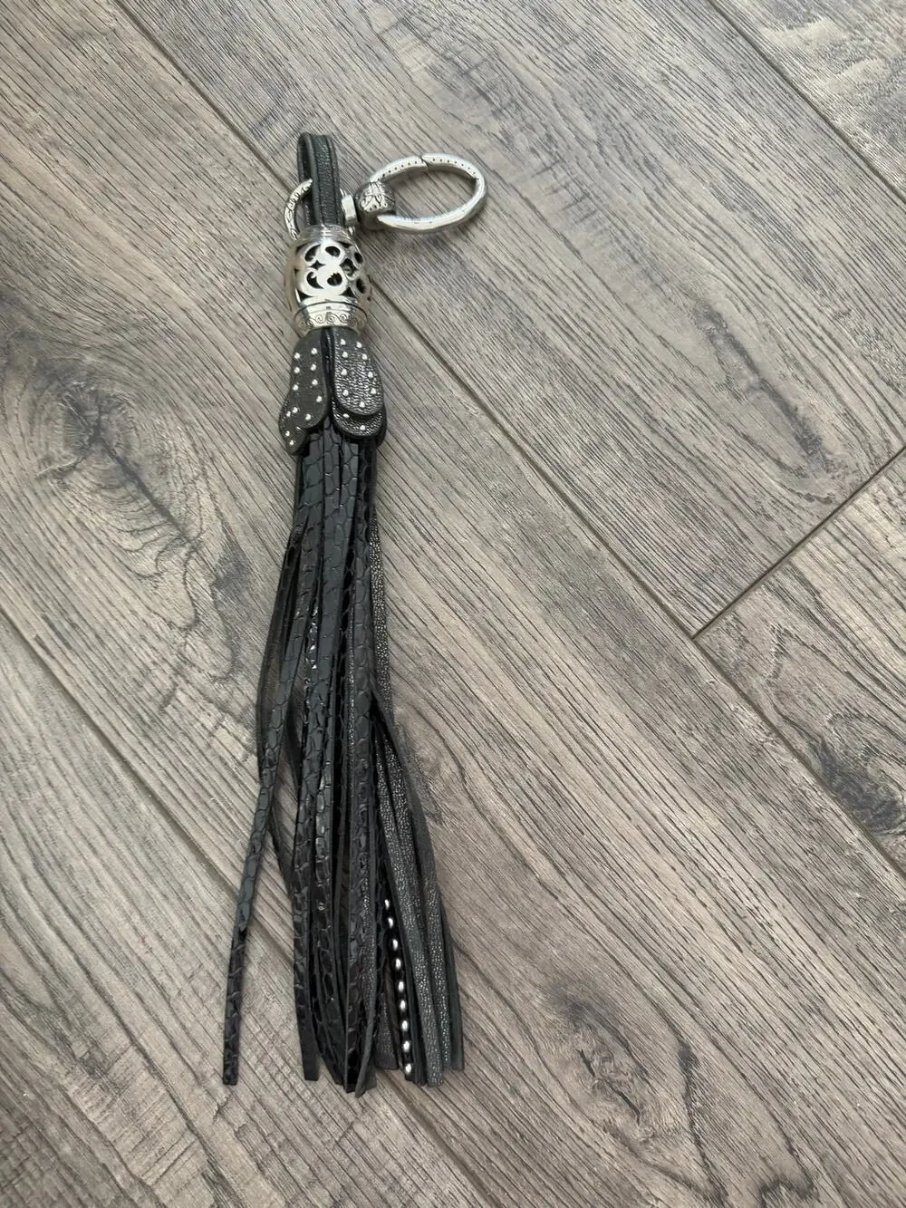 Key Chain Black Embossed Leather Braided Tasseled Silver-Tone Metal Turtle Charm